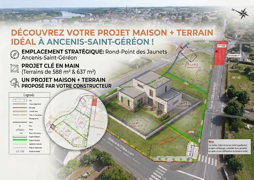 Terrain de 637 m² plein centre-ville d&rsquo;Ancenis + Projet Maison sur-mesure