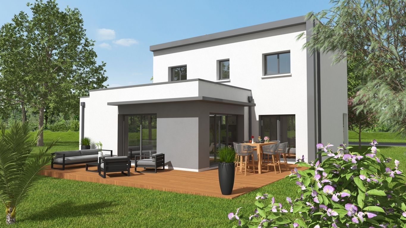 Maison neuve avec terrasse en bois et salon de jardin