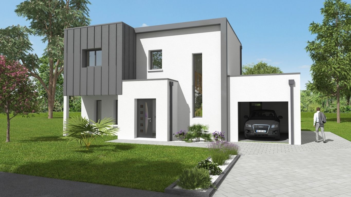 Façade avant d'une maison moderne et sur mesure avec garage