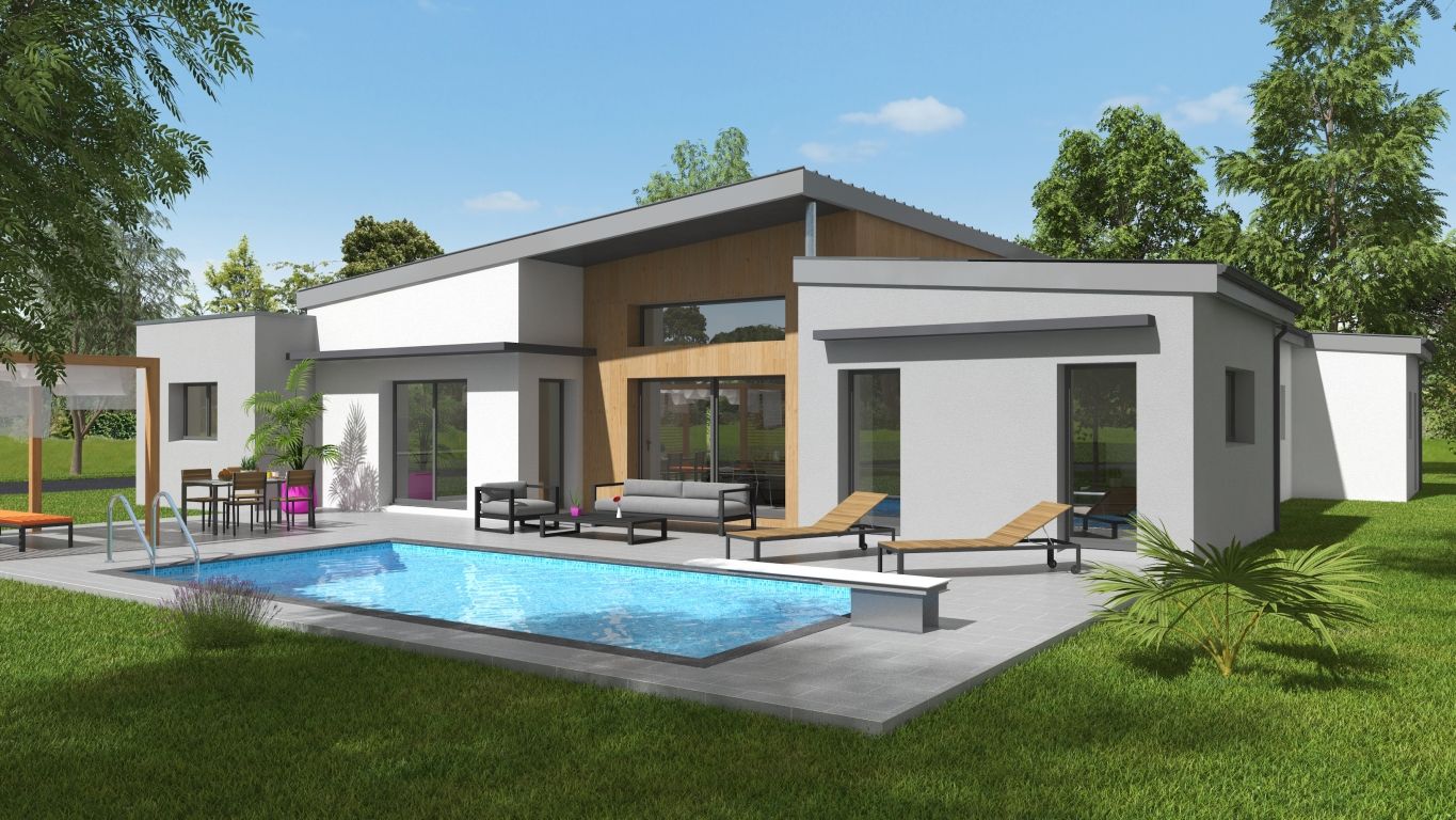 Façade arrière d'une maison neuve en bois avec terrasse et piscine